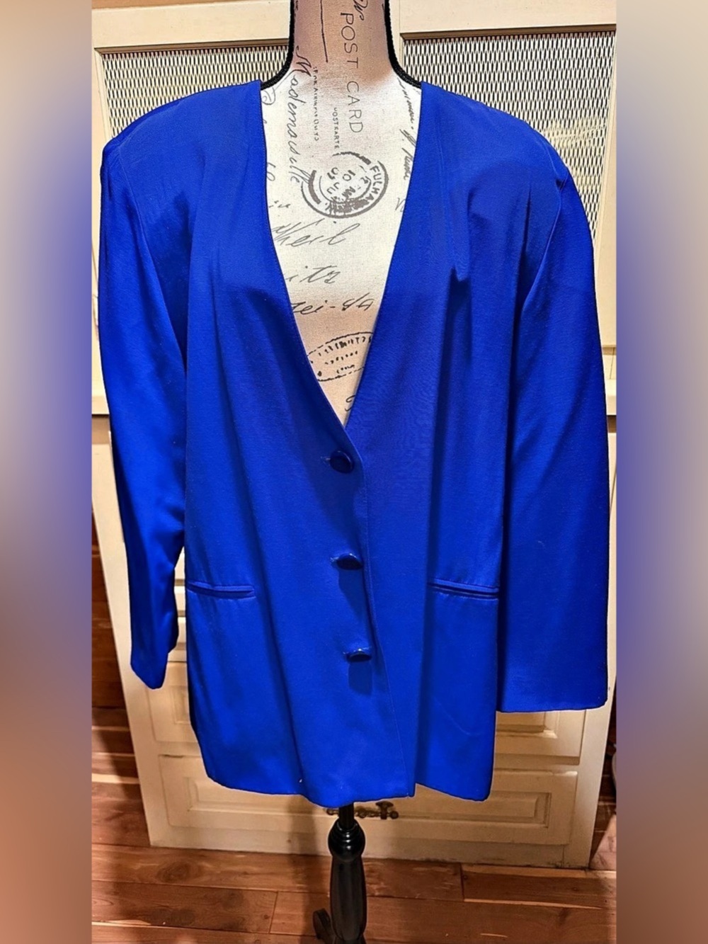VTG 80s P.J. Casoli Royal Blue Collarless Blazer Padded Shoulder Plus Size 18